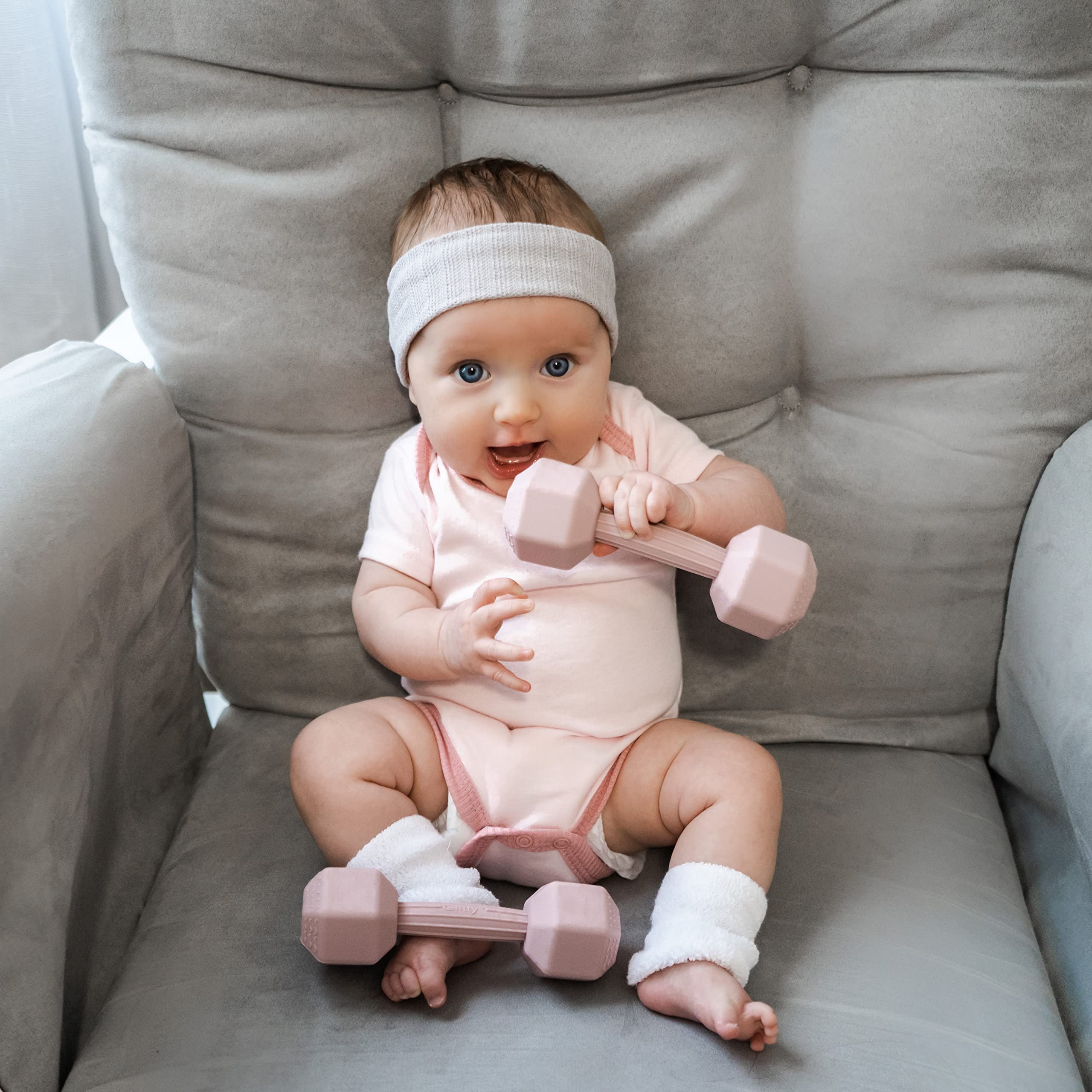 Giftty baby dumbbell toy gray sterilizer-safe surface for cleaning.