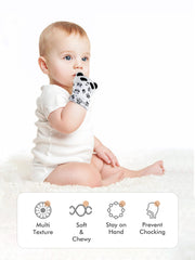 Giftty Panda teething mitten adjustable strap demonstrates secure fit.