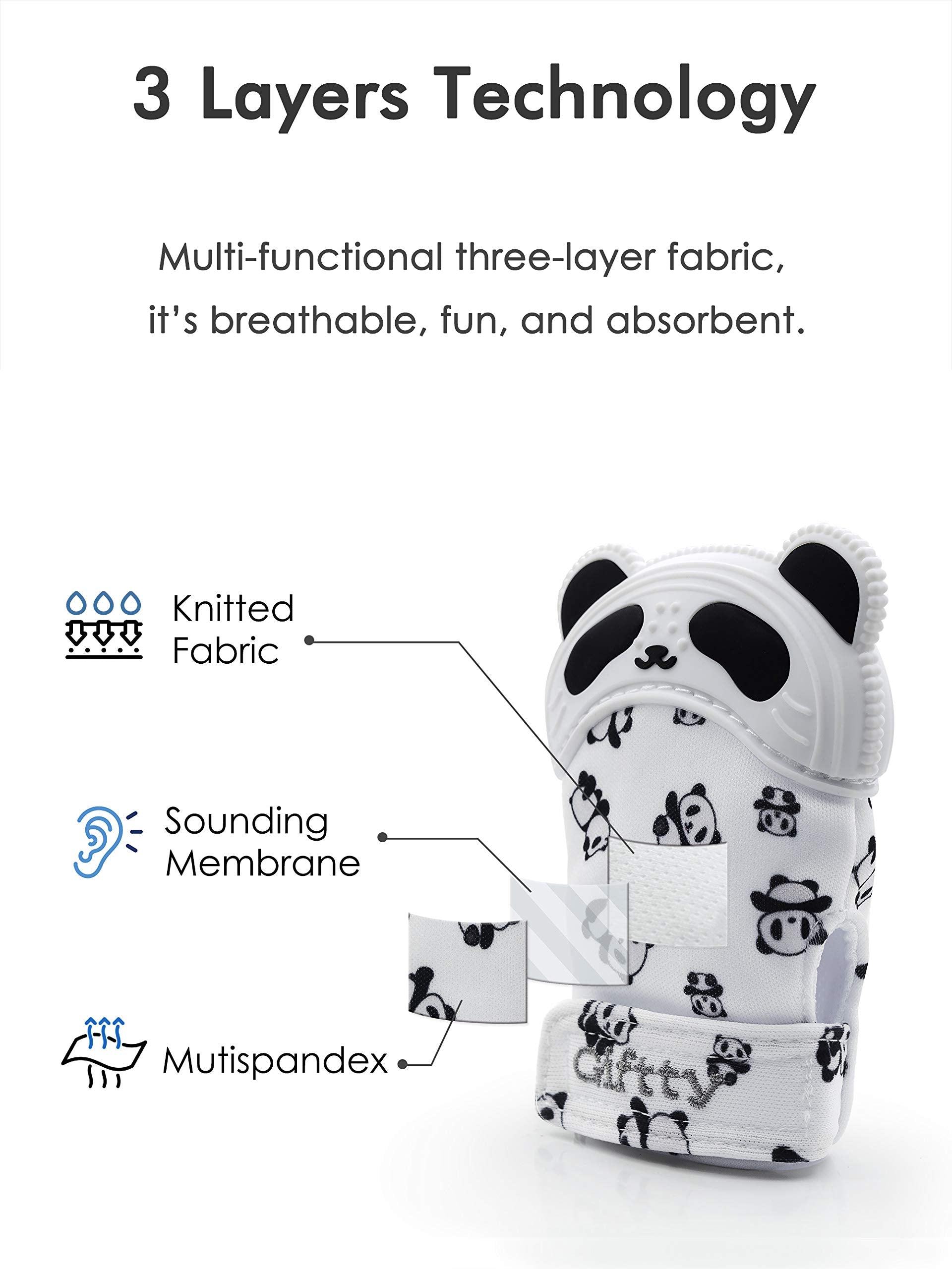 Giftty Panda teething mitten on baby hand demonstrates wearable comfort.