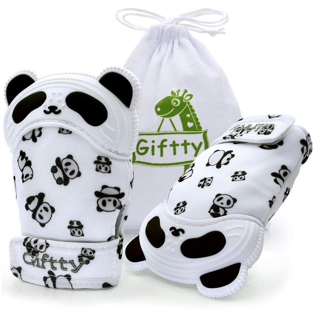 Giftty Panda teething mitten front view offering hands-free soothing for infants.