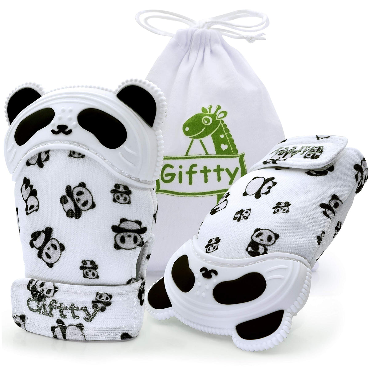 Giftty Panda teething mitten front view offering hands-free soothing for infants.