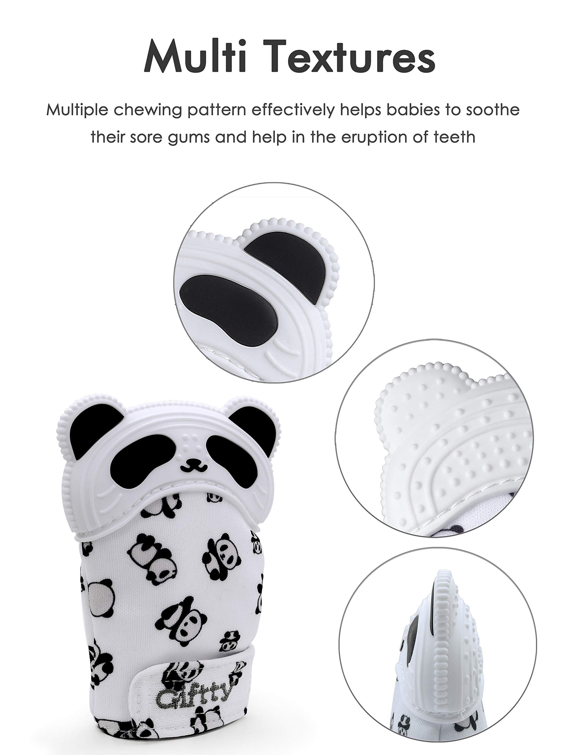 Giftty Panda teething mitten texture closeup showing multi-texture gum relief.