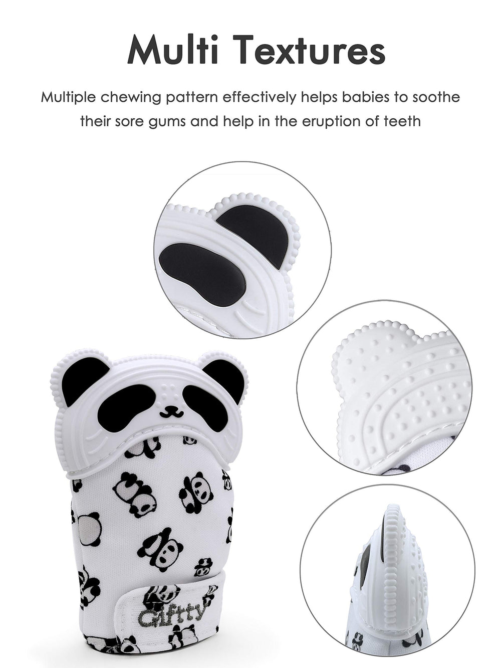 Giftty Panda teething mitten texture closeup showing multi-texture gum relief.