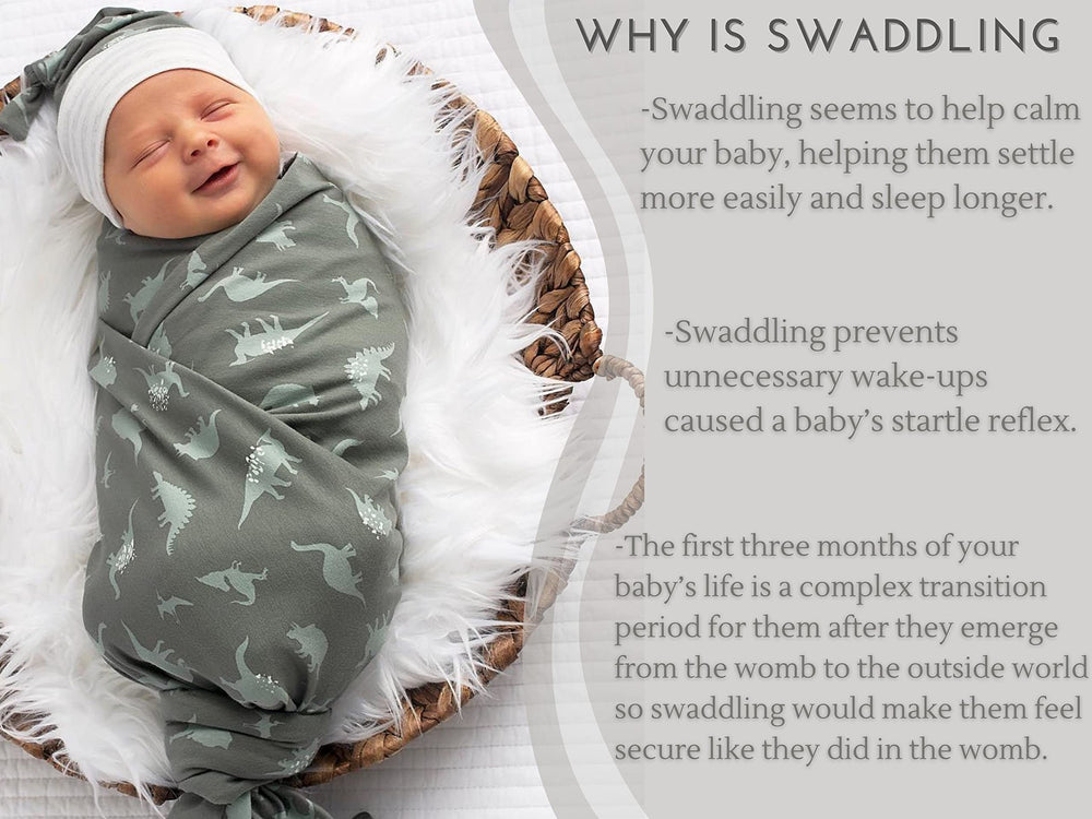 Giggle Angel dinosaur-swaddle blanket green wrap demonstration shows easy secure wrap