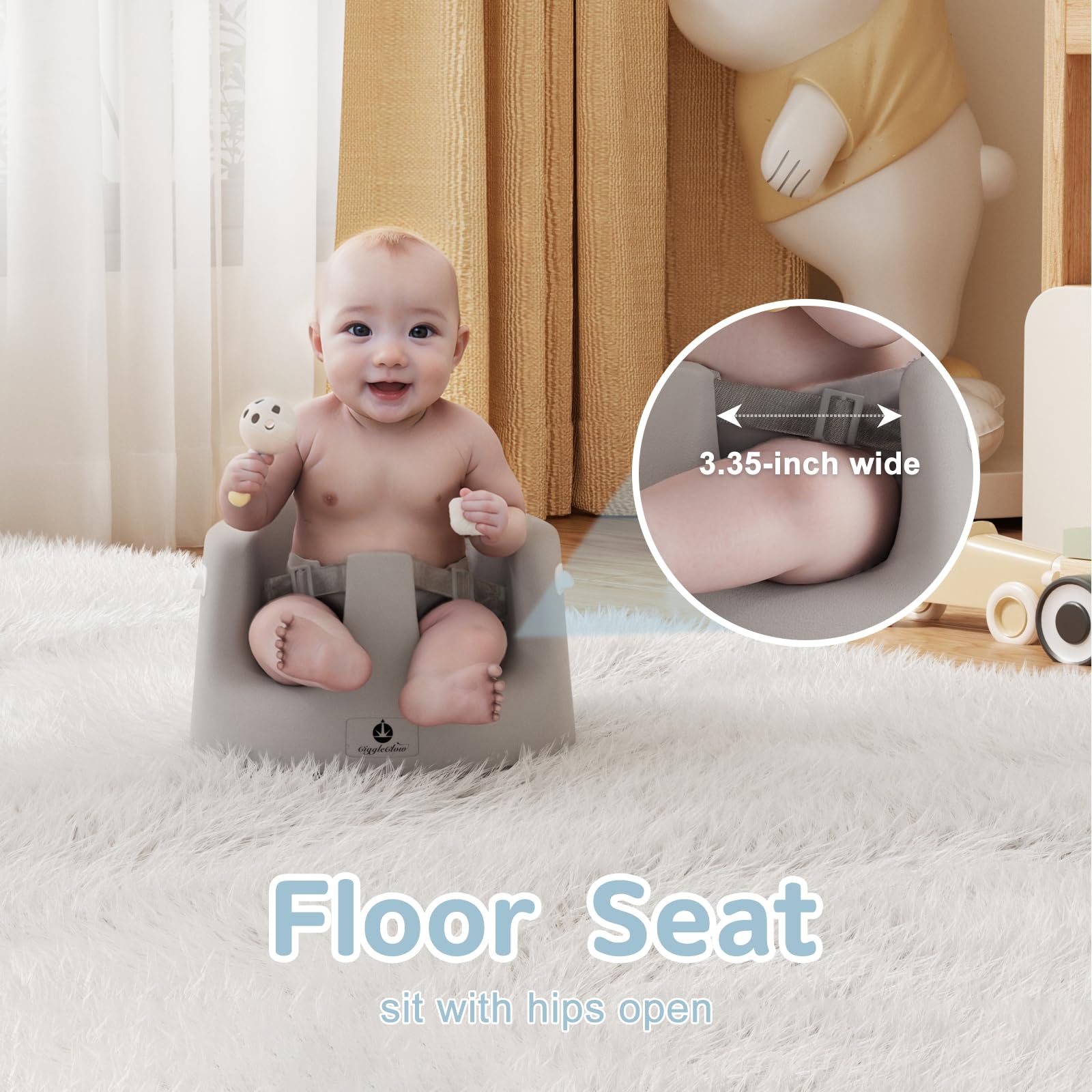 GiggleGlow baby floor seat gray with removable tray enables snack time and toy interaction.