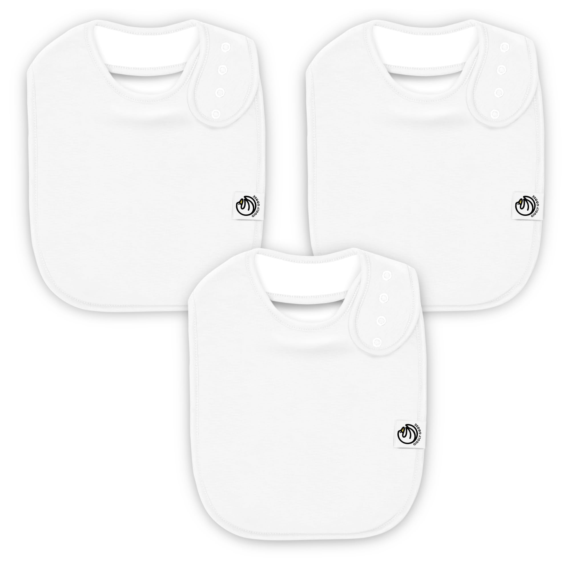 Giggly Goose 3-pack bibs flatlay with soft cotton and white design.