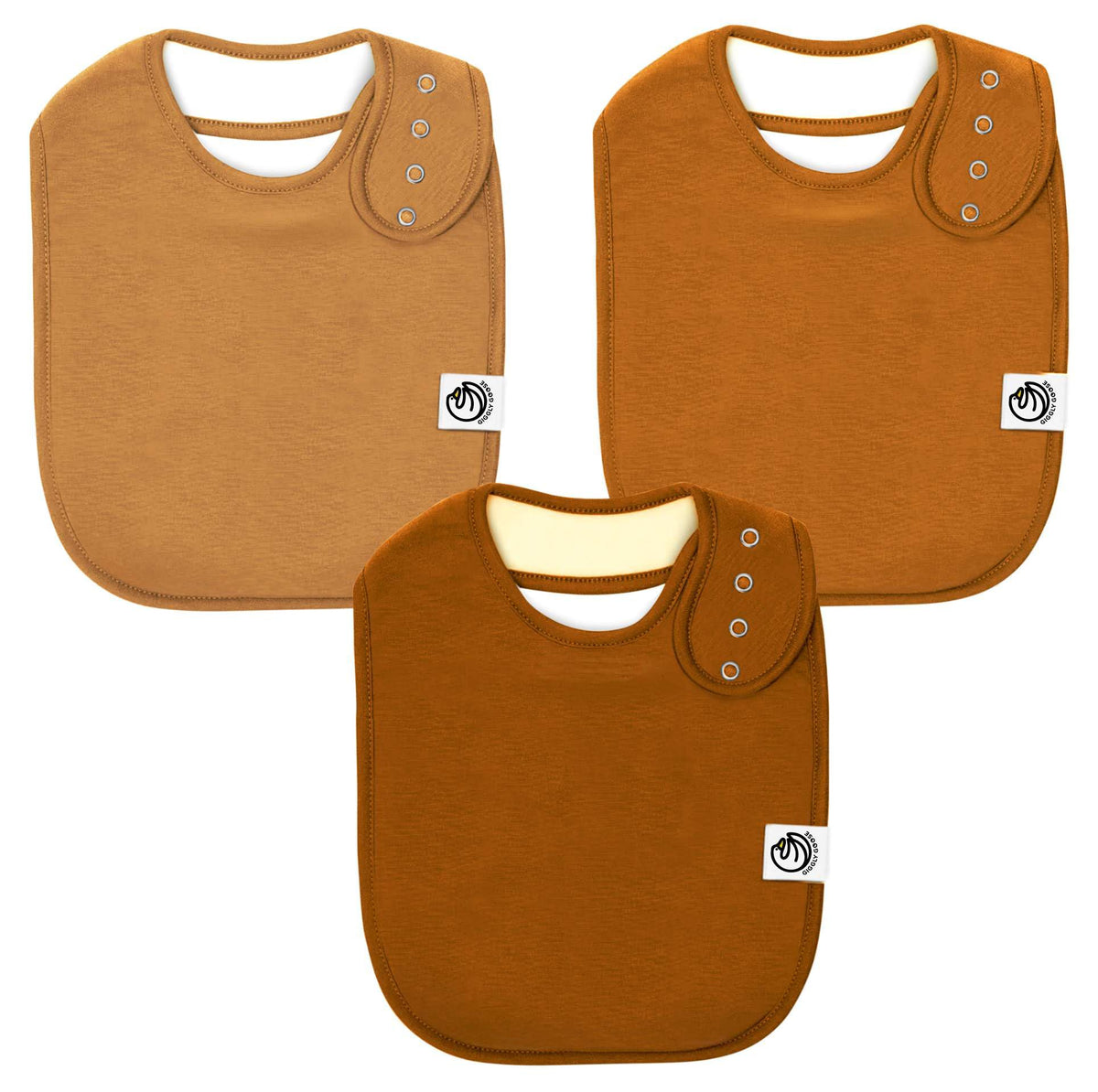 Giggly Goose beige bib pack front view highlighting thick cotton and drool control.