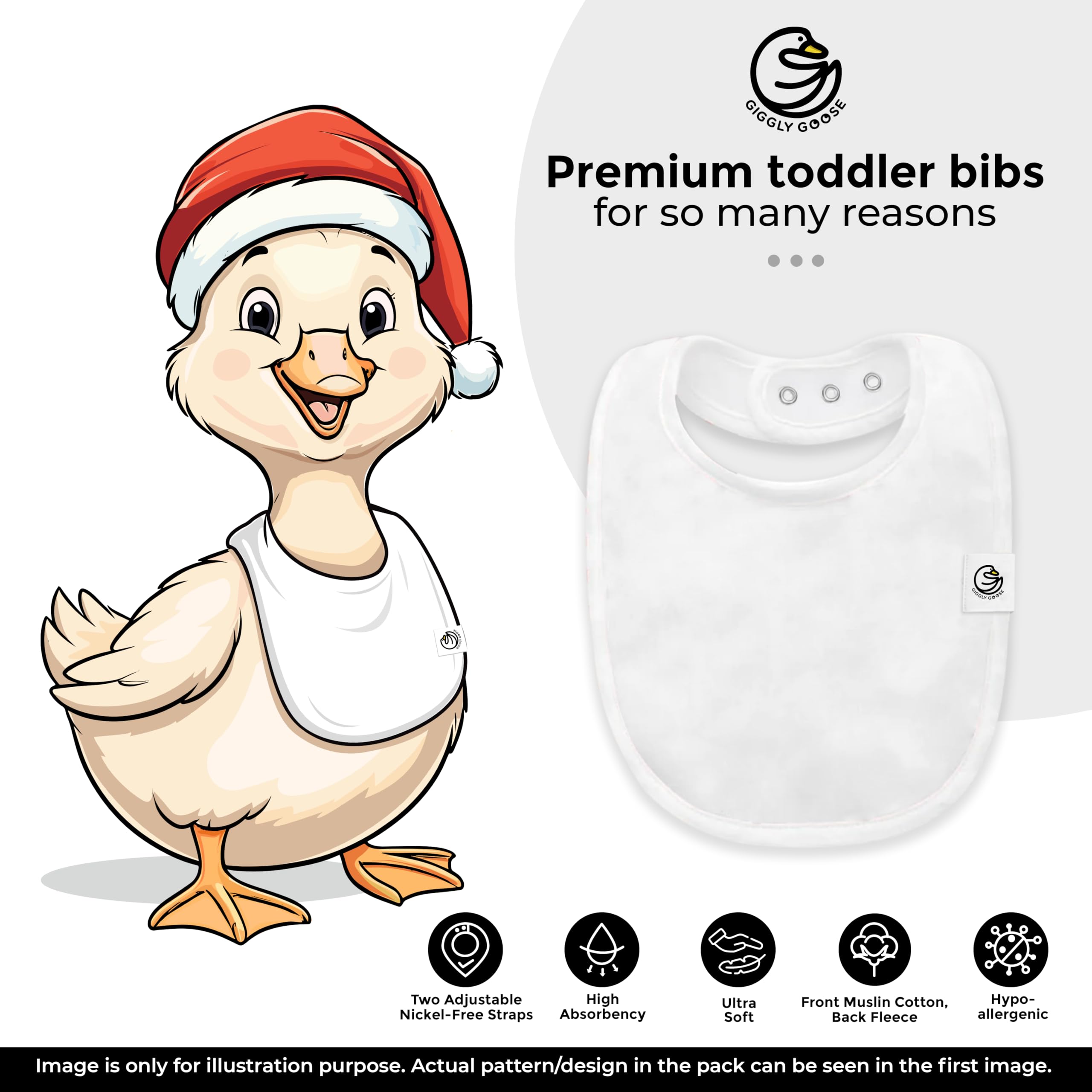 Giggly Goose bibs with adjustable snaps offer a comfortable growing fit from newborn to toddler.