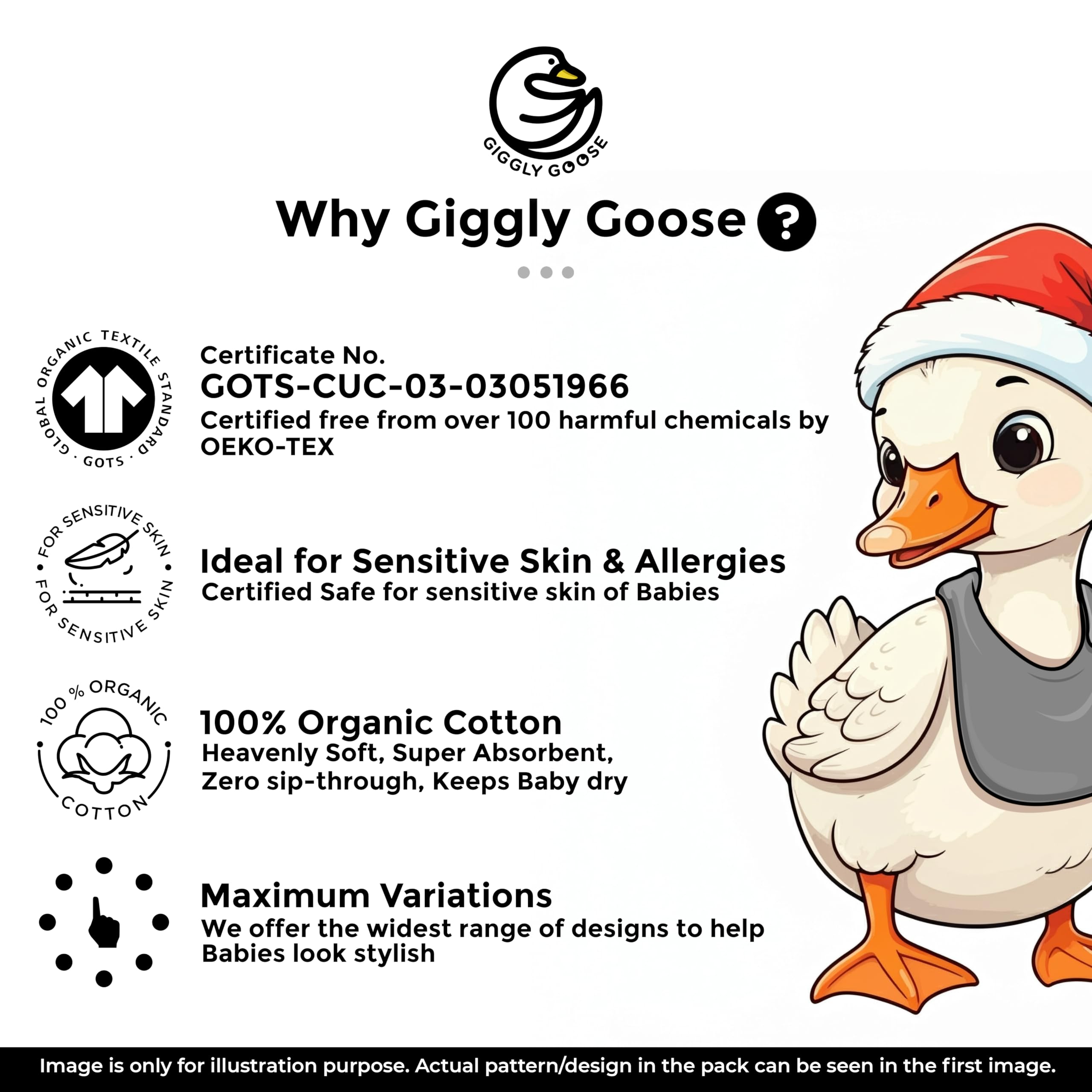 Giggly Goose cotton-soft front with fleece backing enhances comfort during meals and teething.