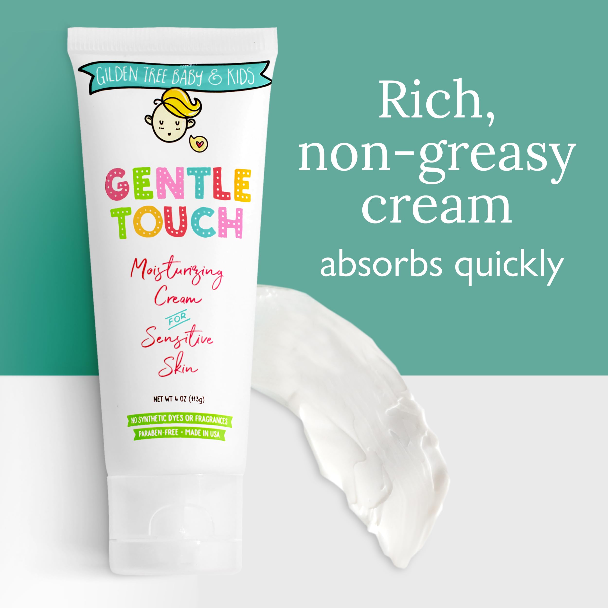 Gilden Tree Baby Cream being gently rubbed on a child's leg for dry skin relief.