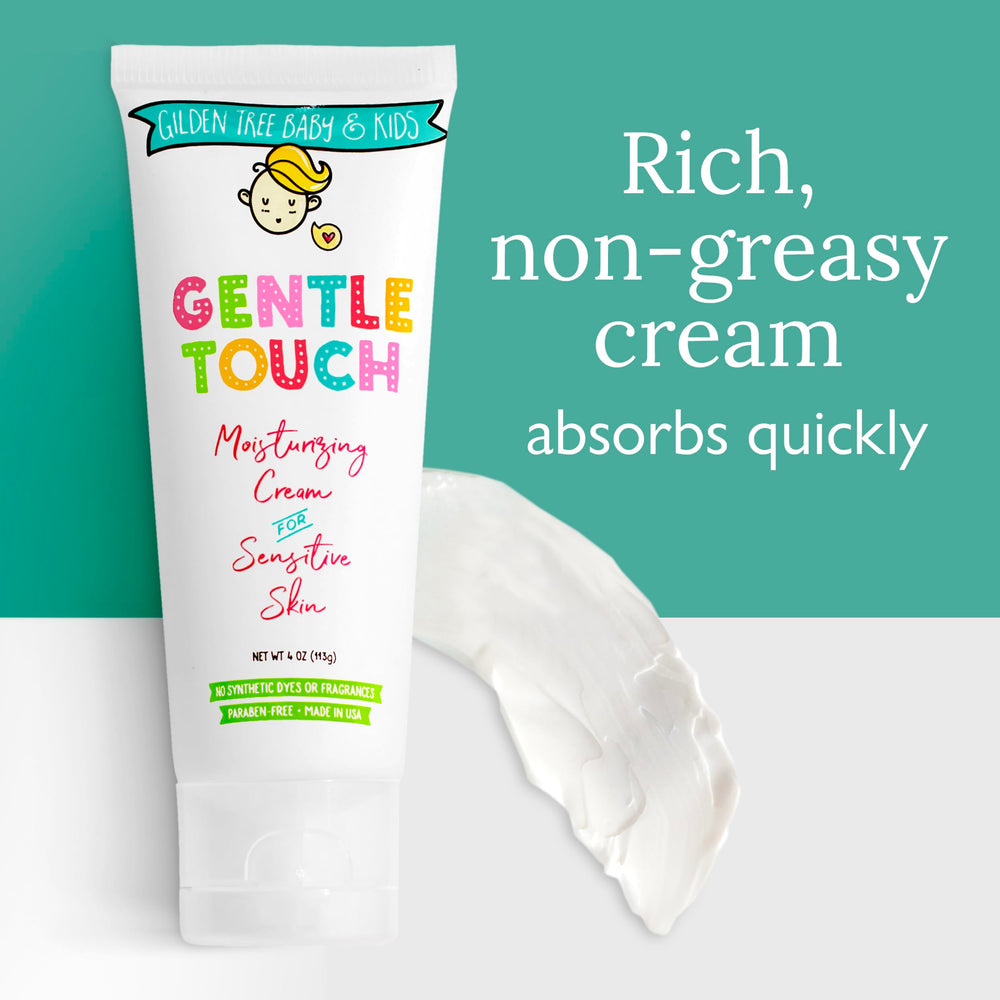 Gilden Tree Baby Cream being gently rubbed on a child's leg for dry skin relief.