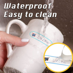 Giliger waterproof labels resist splashes on bottles and lunch gear.