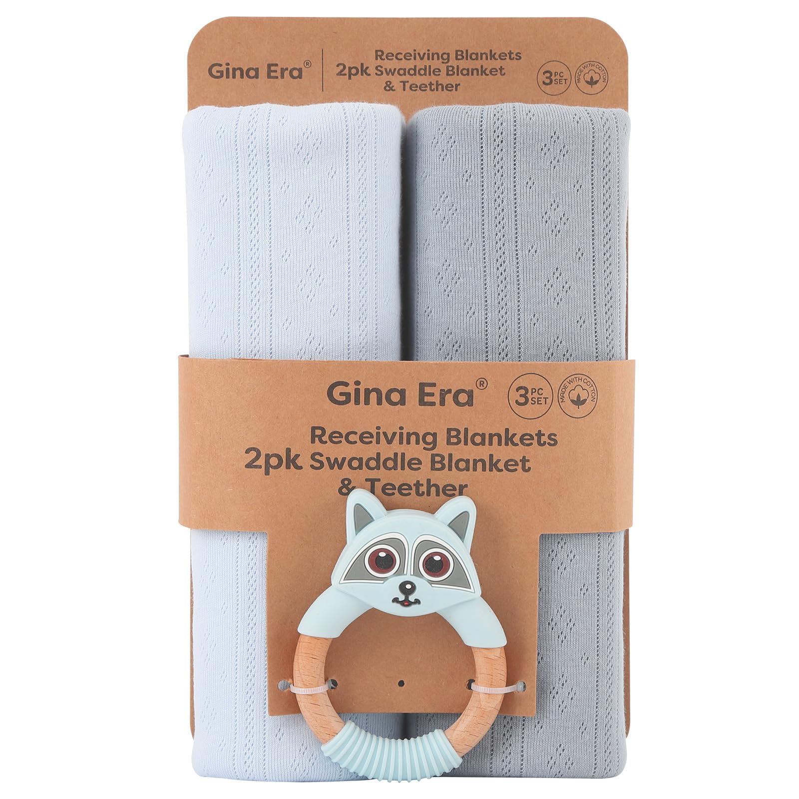 Gina Era knit baby receiving blanket blue pack front shows soft cotton texture for gentle newborn comfort.