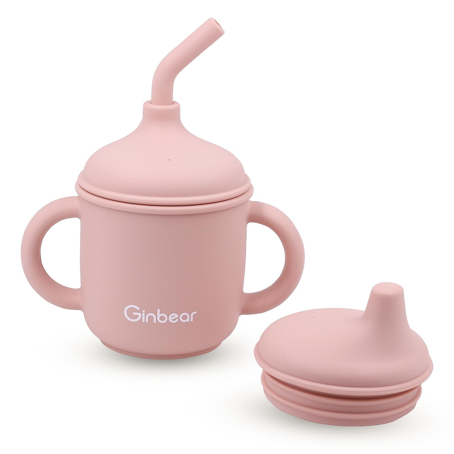 Ginbear 2-in-1 Sip-N-Straw baby cup front view demonstrating spill-proof design for mess-free feeding.