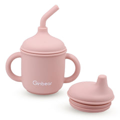 Ginbear 2-in-1 Sip-N-Straw baby cup front view demonstrating spill-proof design for mess-free feeding.