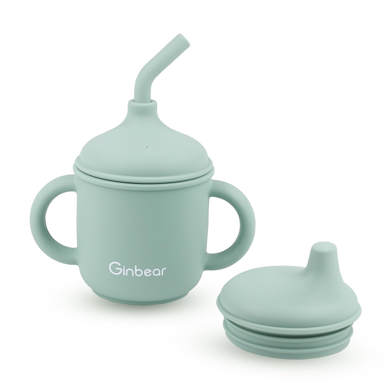 Ginbear baby cup front view with dual lids for two training methods, mess-free transitions