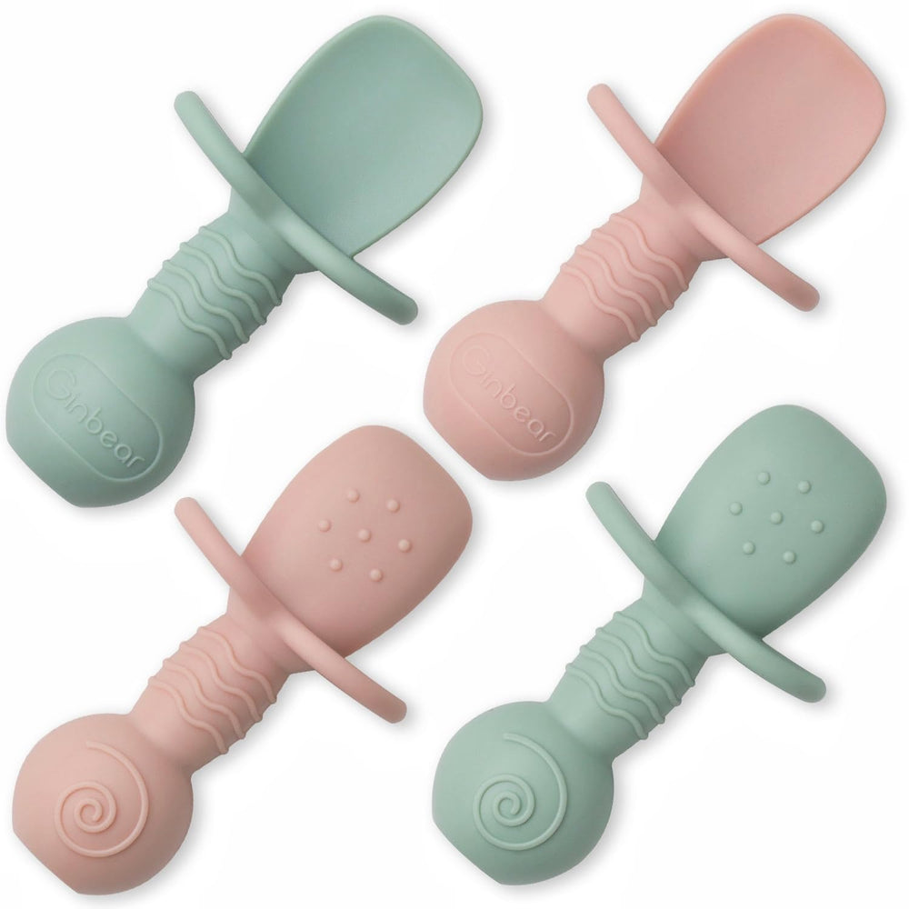 Ginbear platinum silicone baby spoon in hazy green with safe self-feeding design.