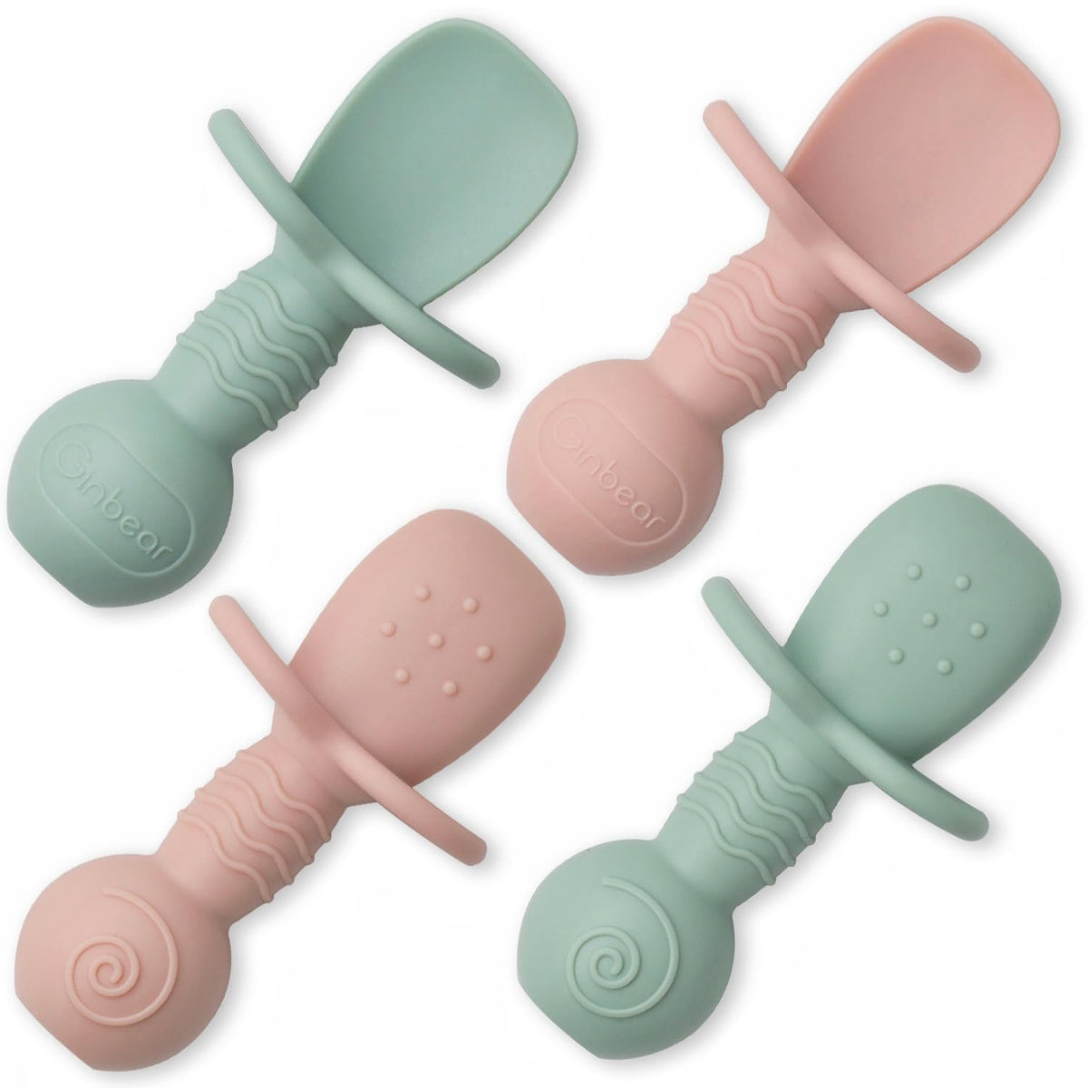 Ginbear platinum silicone baby spoon in hazy green with safe self-feeding design.