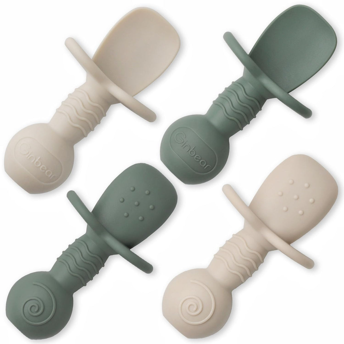 Ginbear Platinum Silicone Baby Spoons with ergonomic handle for growing self-feeding skills.