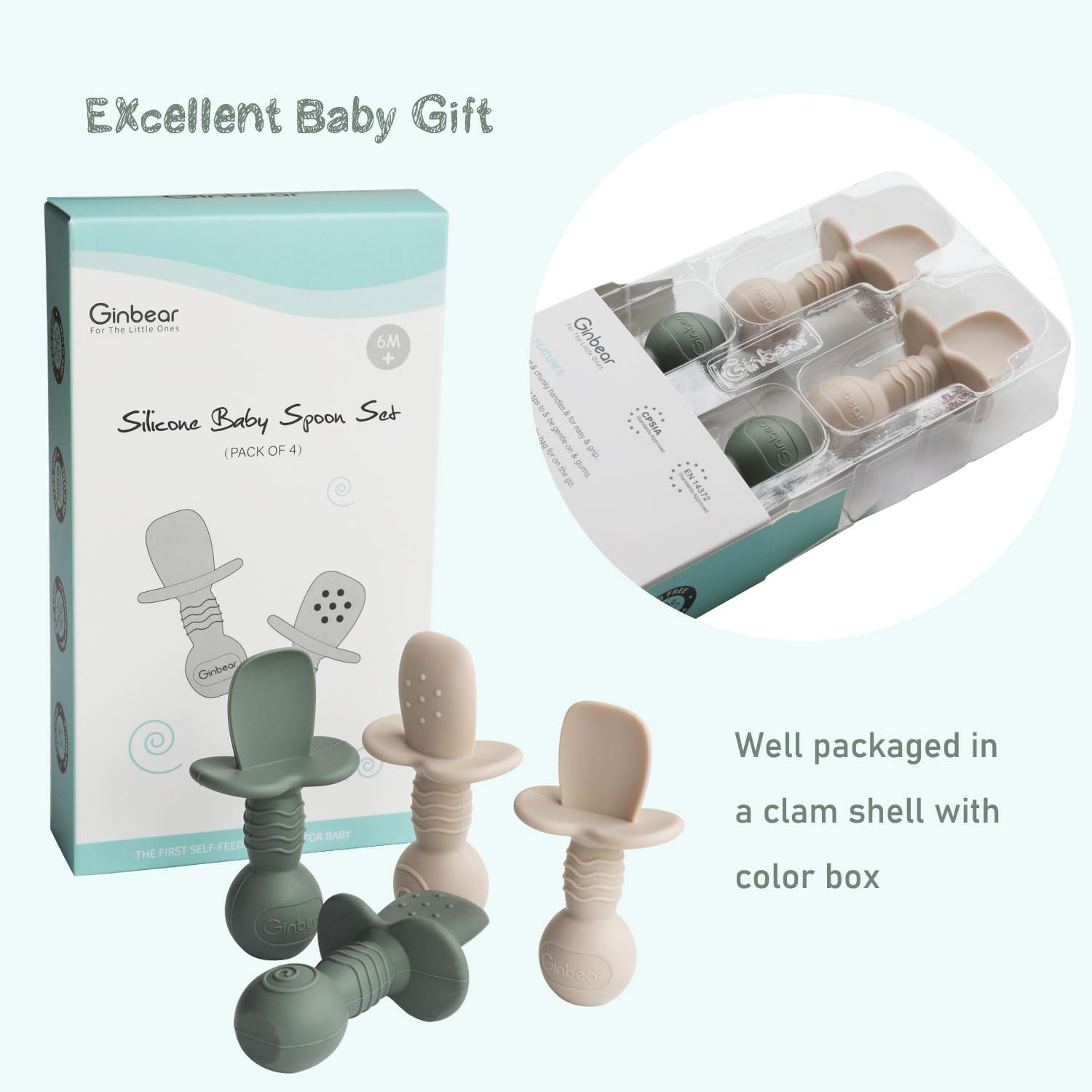 Ginbear Platinum Silicone Baby Spoons high-contrast color helps tracking during meals.