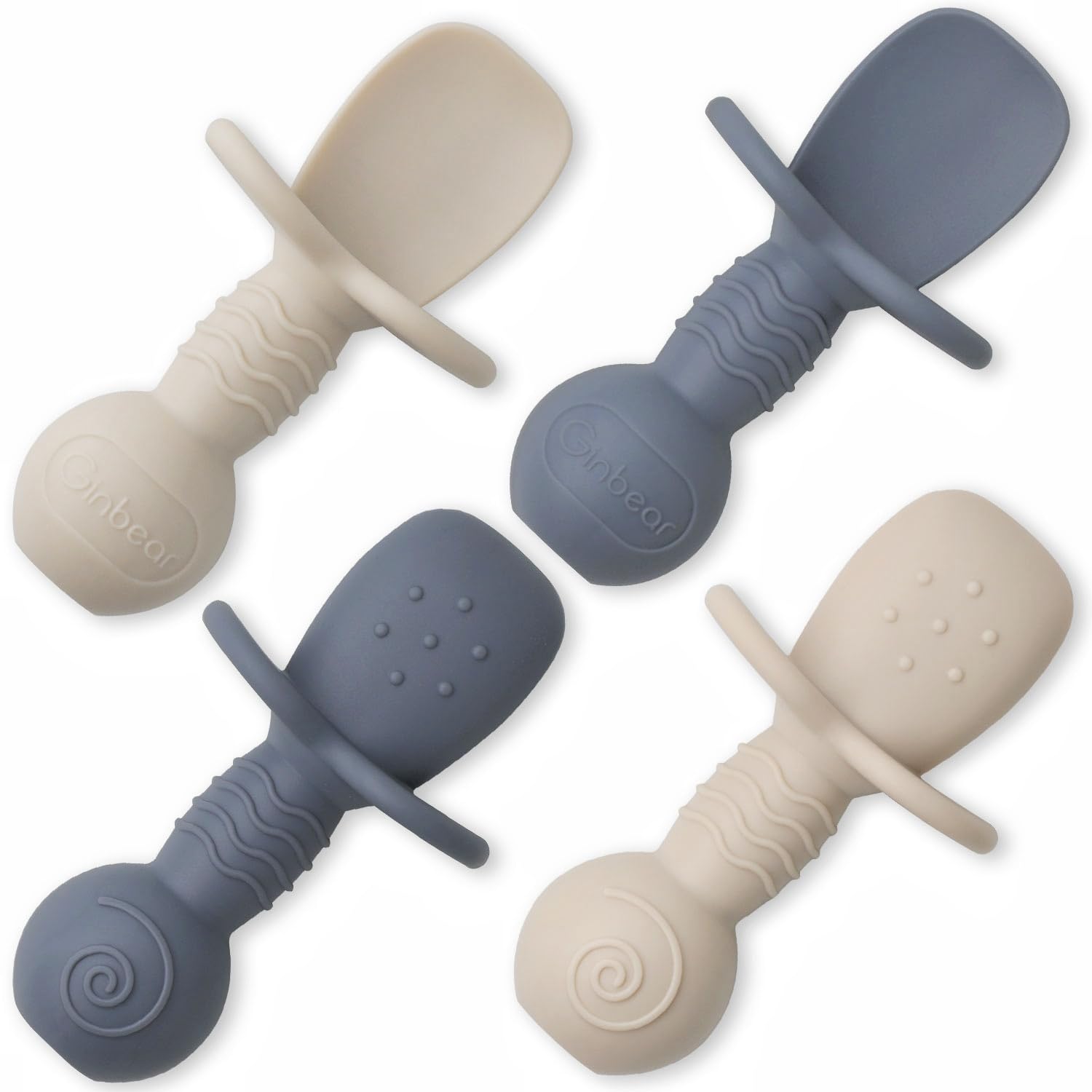 Ginbear platinum silicone baby spoons pack-4 in cool gray and ivory for safe self-feeding