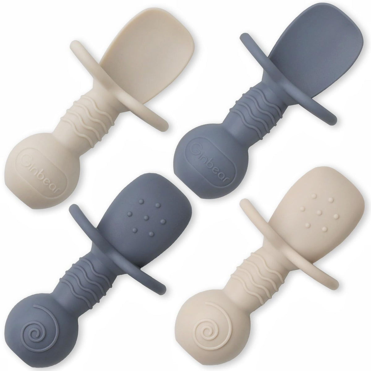 Ginbear platinum silicone baby spoons pack-4 in cool gray and ivory for safe self-feeding