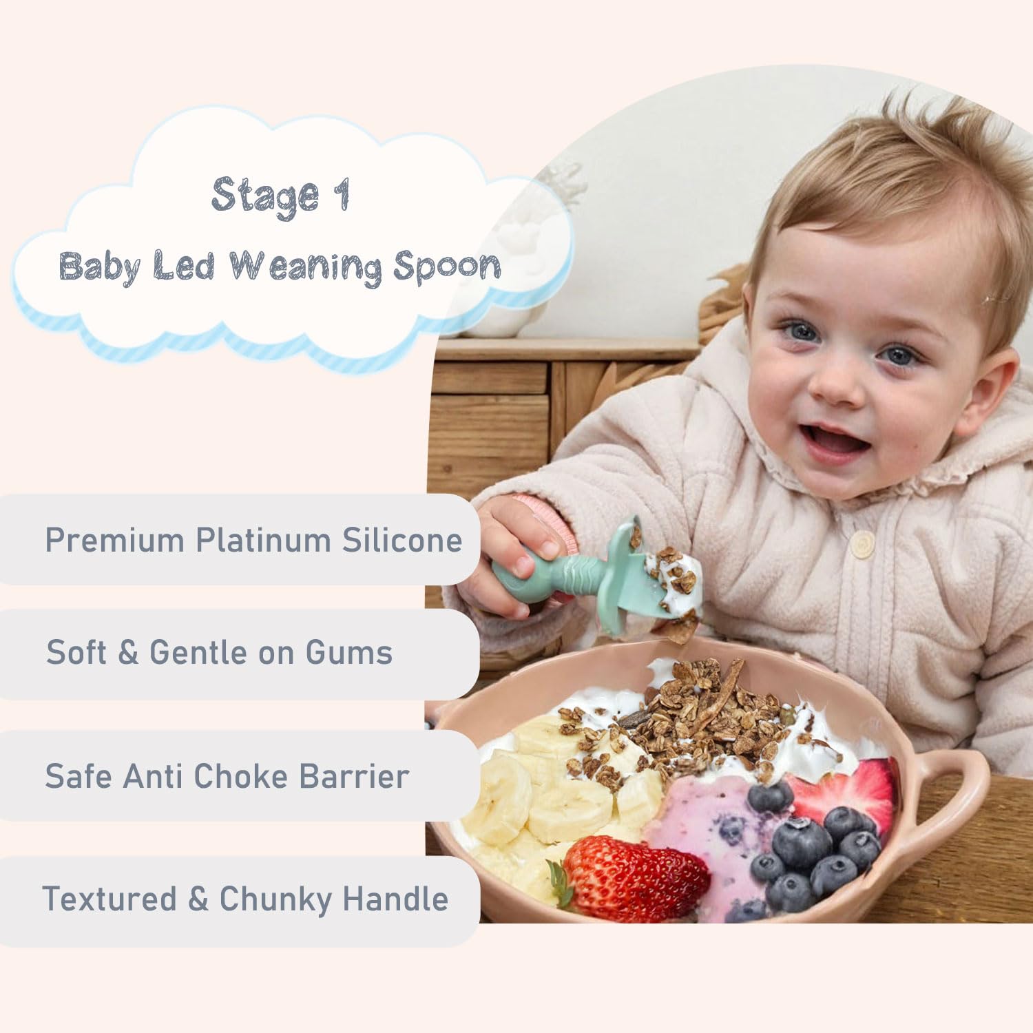 Ginbear Platinum Silicone Baby Spoons soft rounded bowl supports gentle spooning for soft foods.