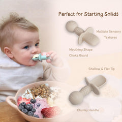 Ginbear Platinum Silicone Baby Spoons textured ergonomic grip aids tiny hands.