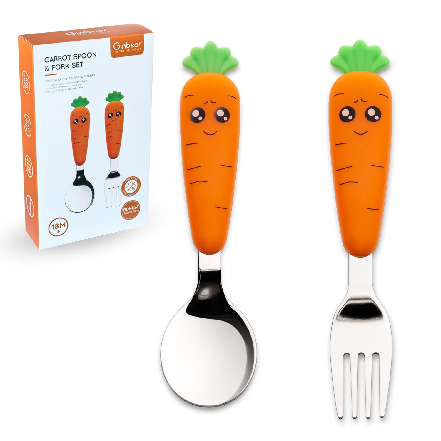 Ginbear toddler utensils case closeup highlights rounded heads for safe self-feeding.