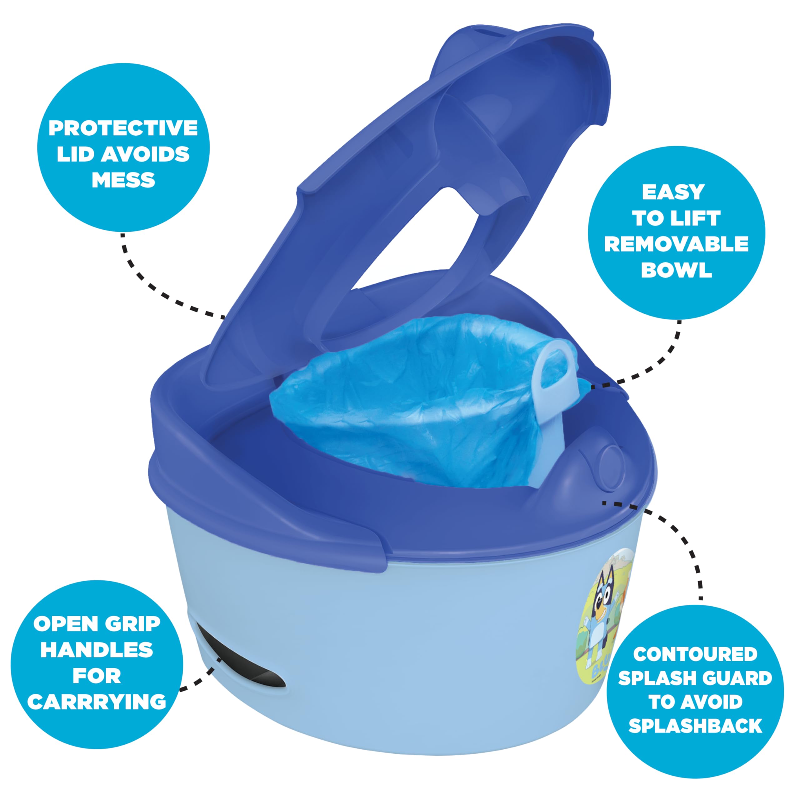 Ginsey Bluey built-in splash guard reduces splashes during training.
