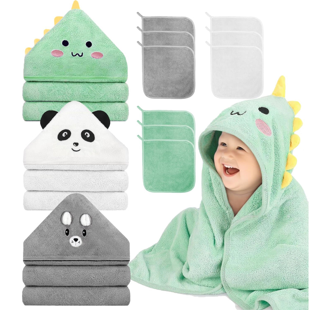GINUMWA hooded baby towel with dinosaur design keeps baby warm and dry after bath.