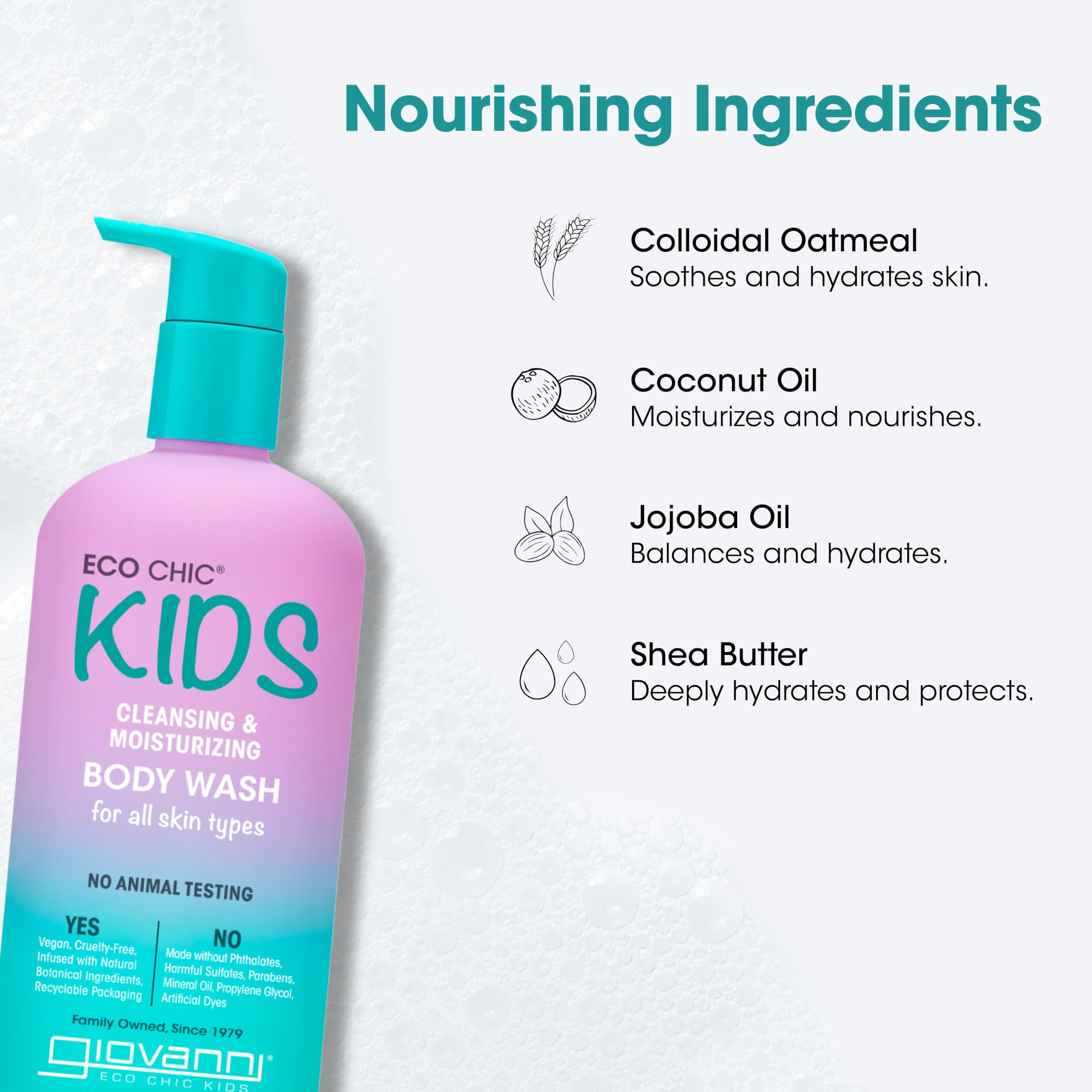 GIOVANNI Eco Chic Kids packaging close-up highlights vegan-friendly packaging and recyclability.