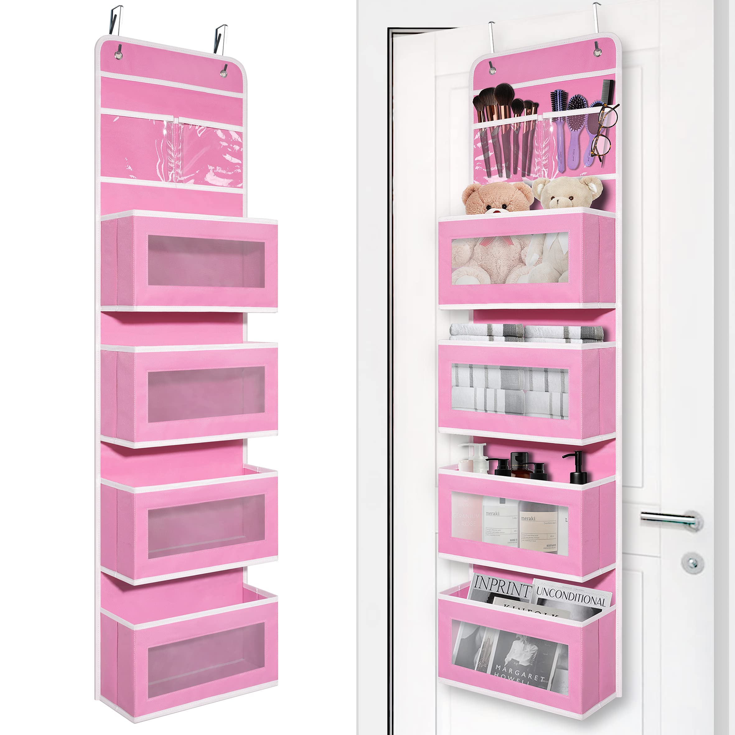 Giraffe Creation over-door organizer pink pockets for nursery storage.