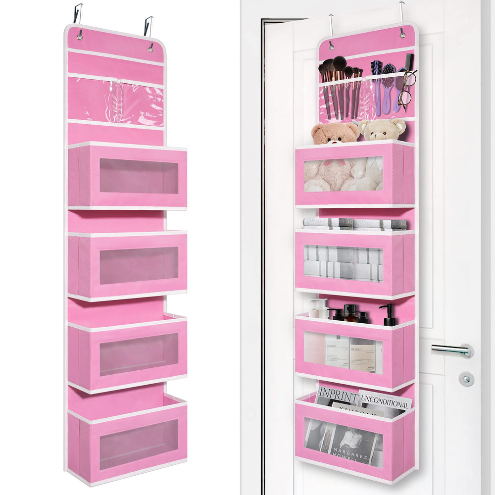 Giraffe Creation over-door organizer pink pockets for nursery storage.
