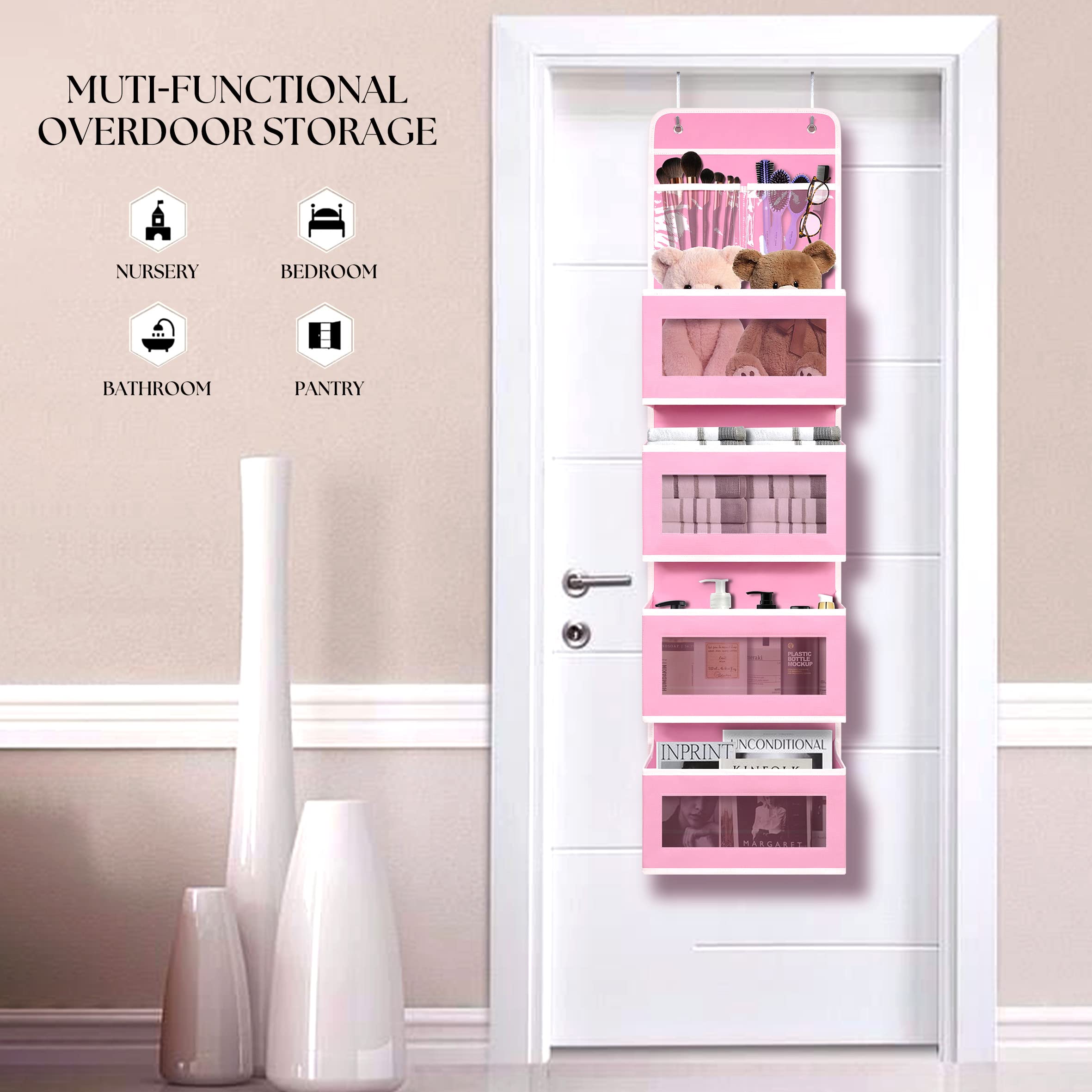 Giraffe Creation over-door organizer front PVC window for quick content identification.