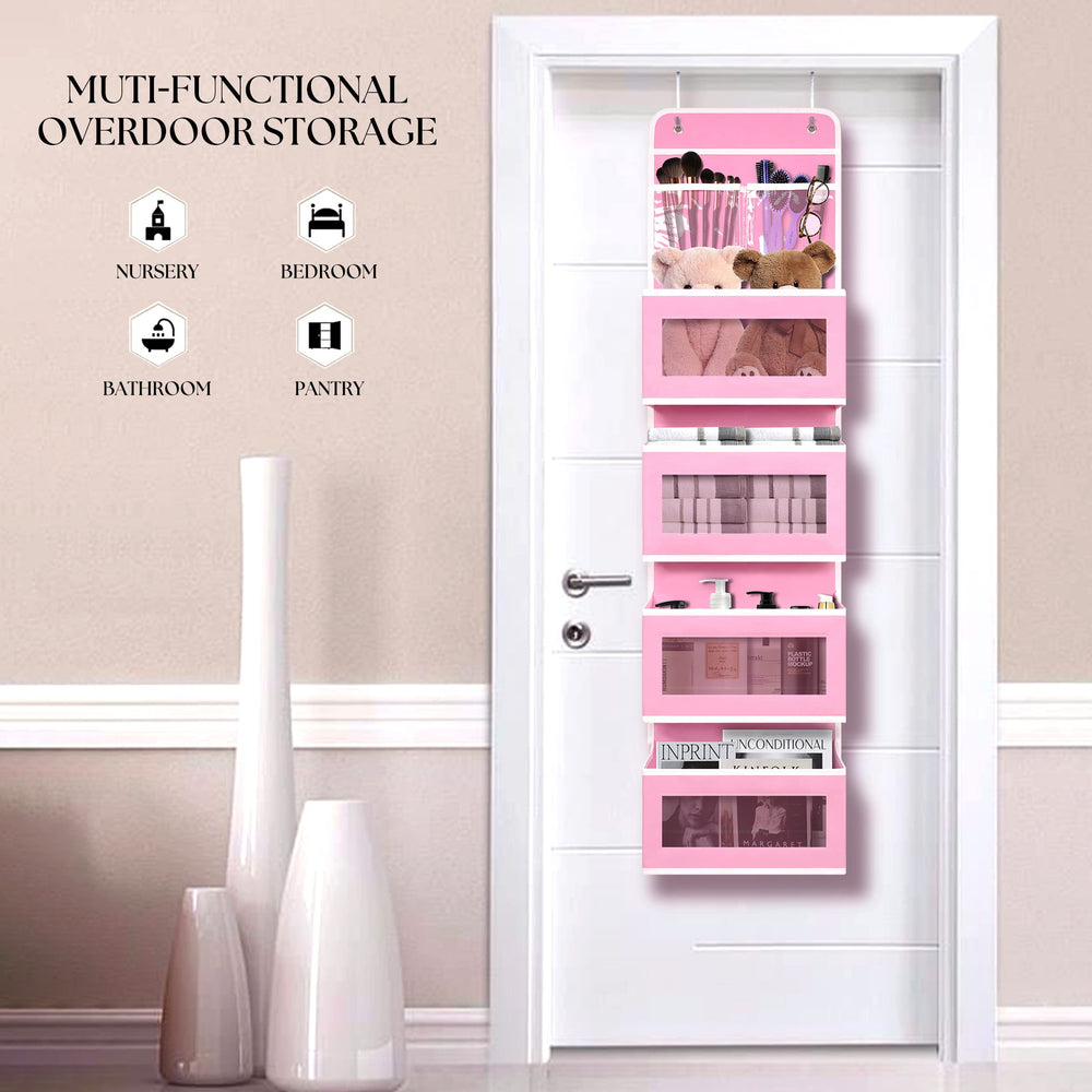 Giraffe Creation over-door organizer front PVC window for quick content identification.