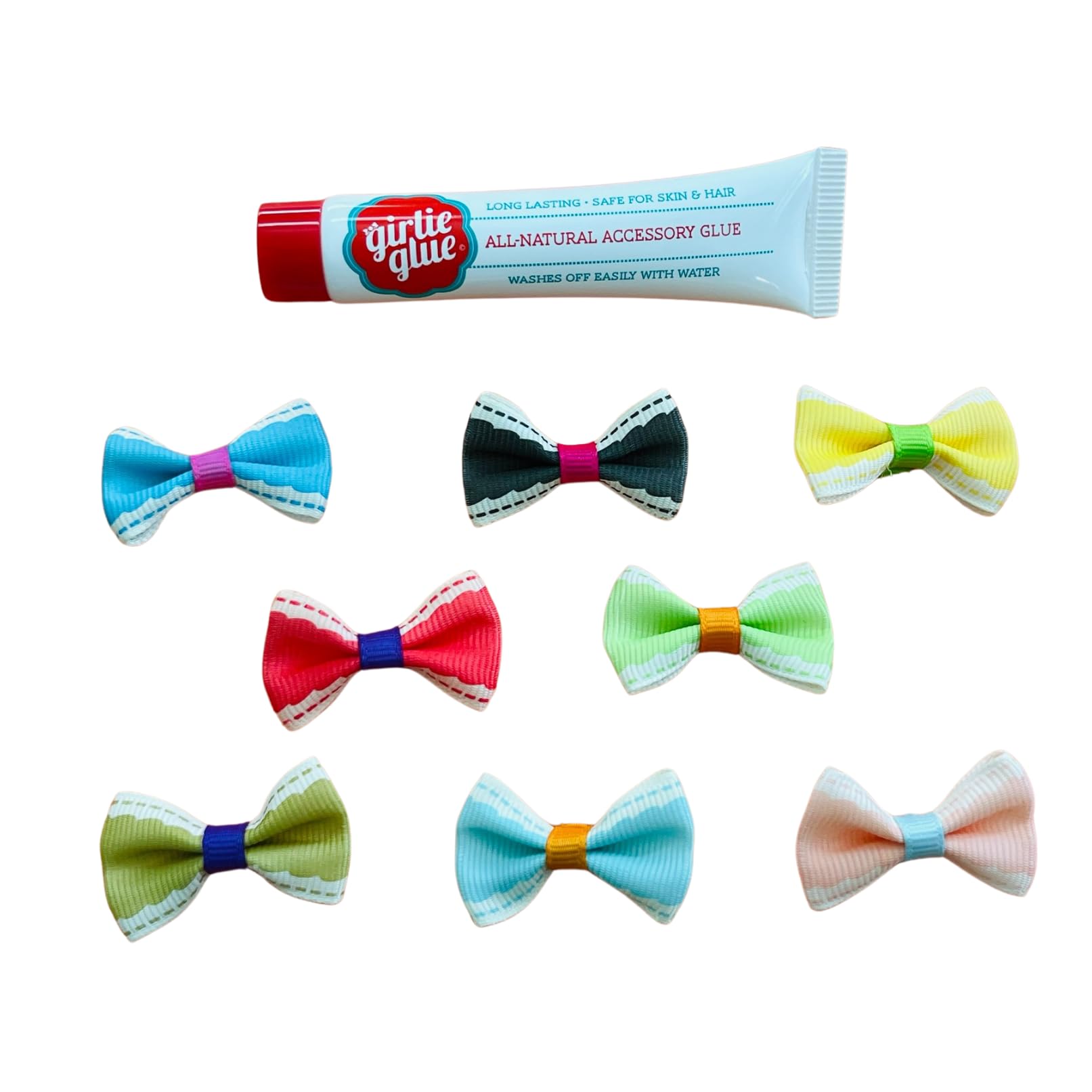Girlie Glue adhesive tube close-up for easy skin and hair attachment.
