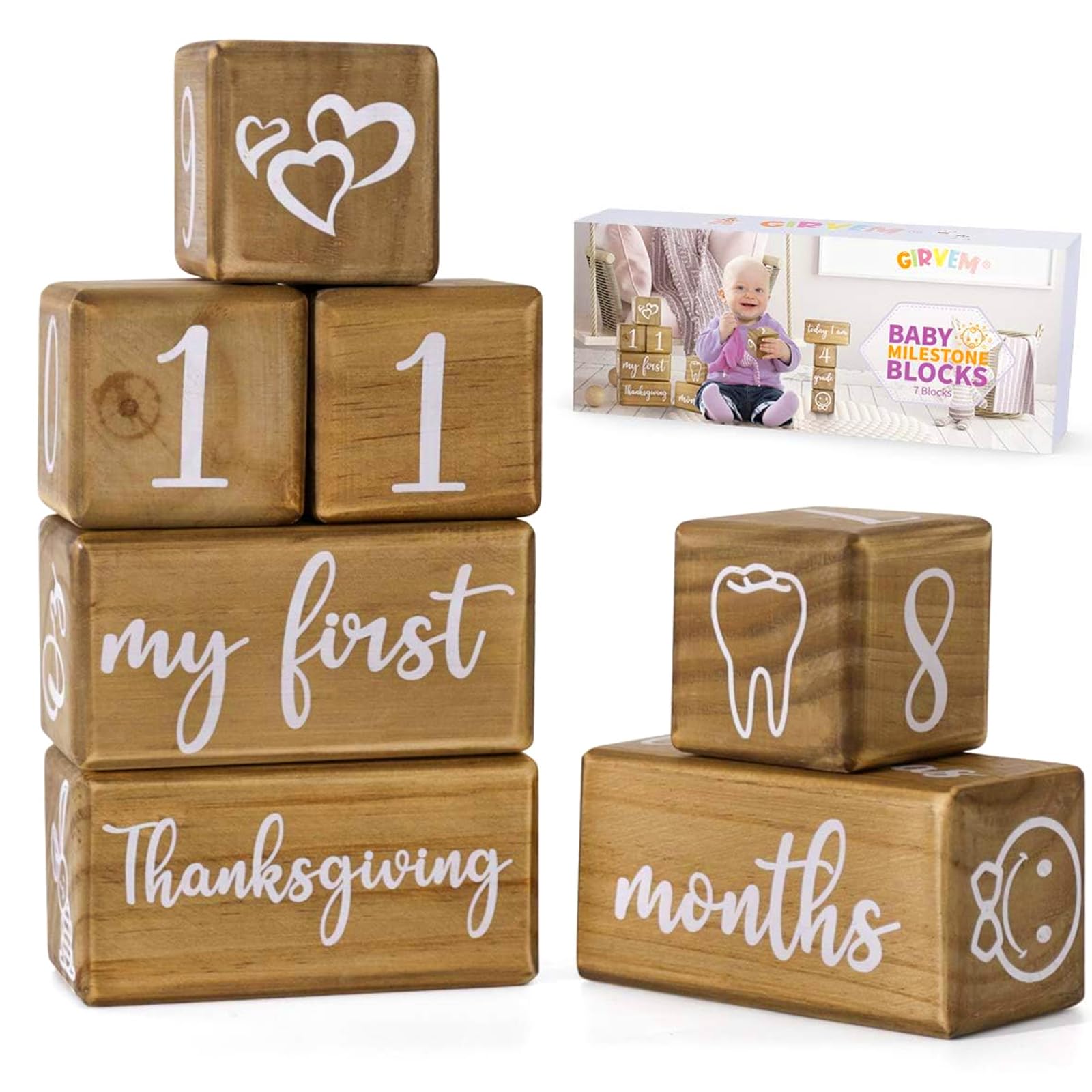 GIRVEM Baby Monthly Milestone Blocks packaging shown for easy gifting