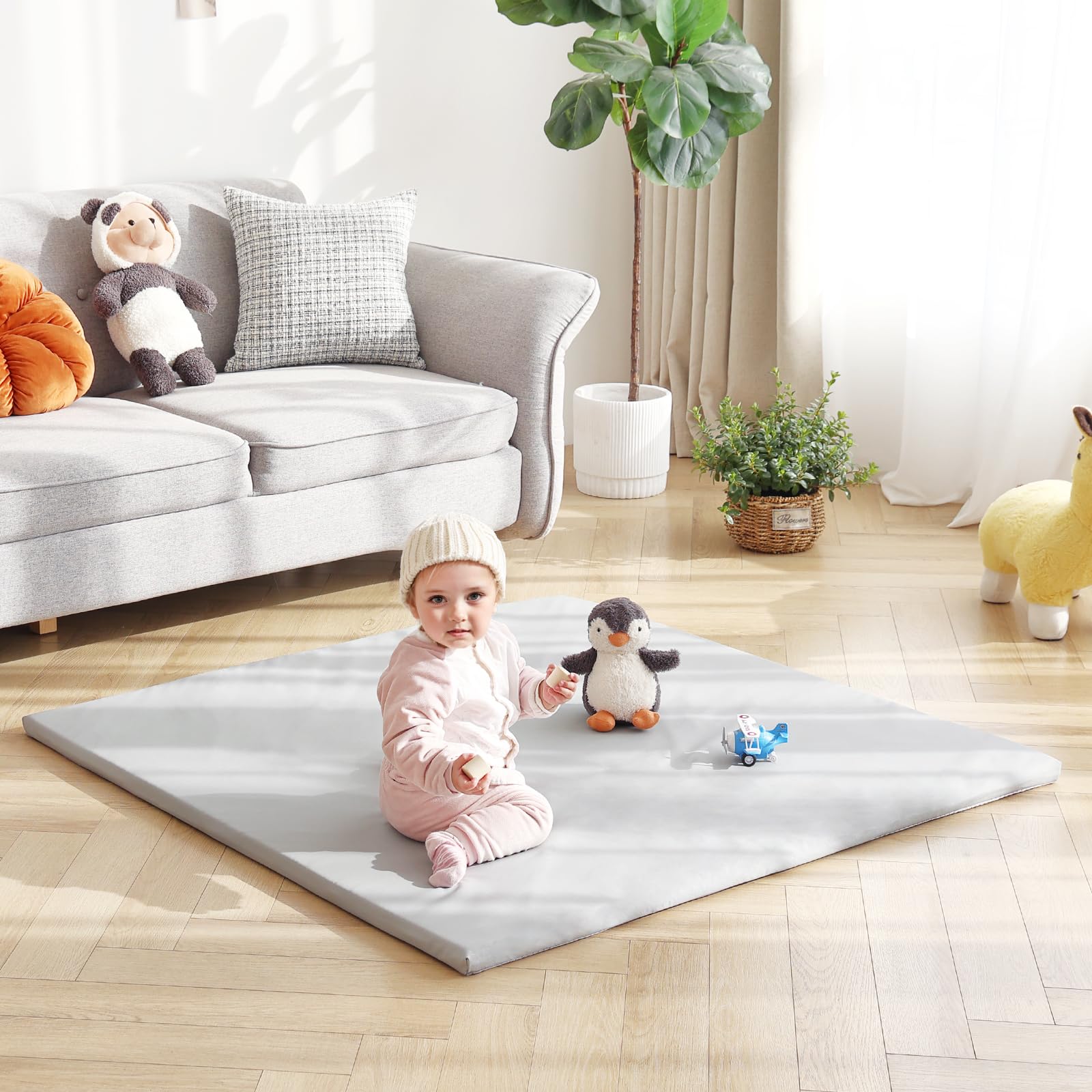 Givjoy baby play mat grey folding-system telescopes for quick pack-away