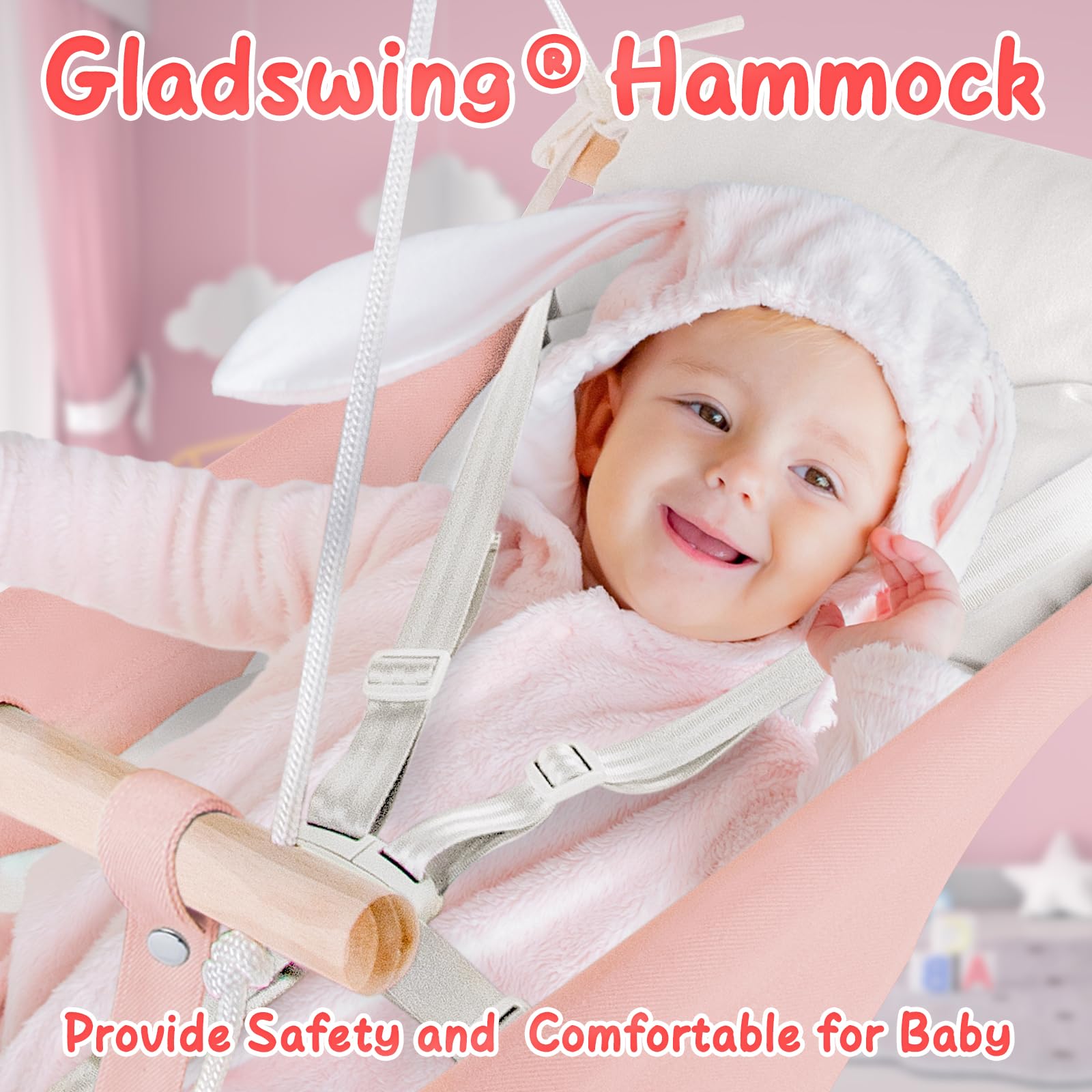 Gladswing 5-point harness adjustable for secure, comfortable seating.