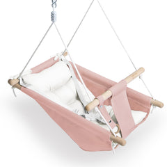 Gladswing canvas baby swing pink seat offers cozy naps and gentle sways.