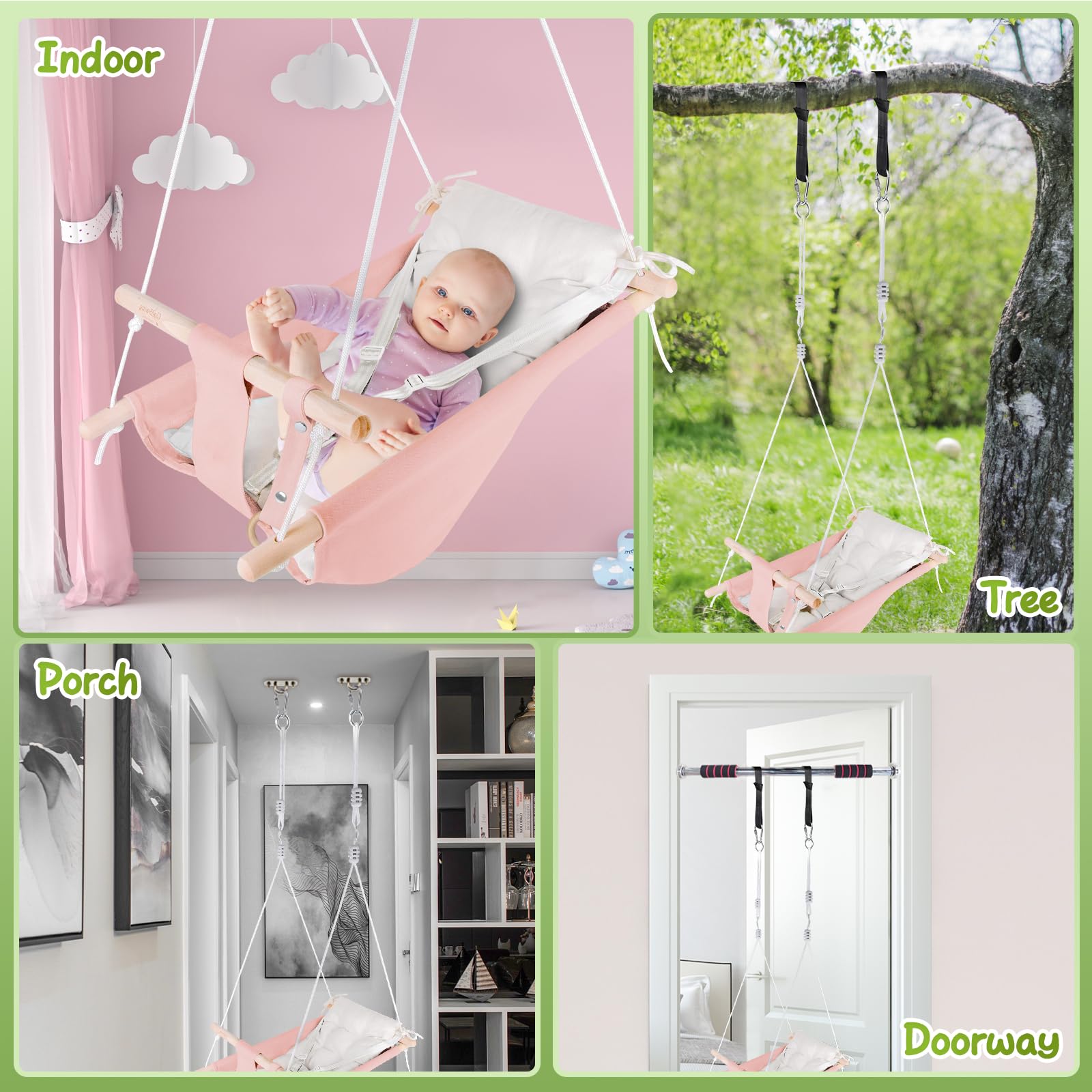 Gladswing indoor outdoor mounting kit enables easy porch or tree use.