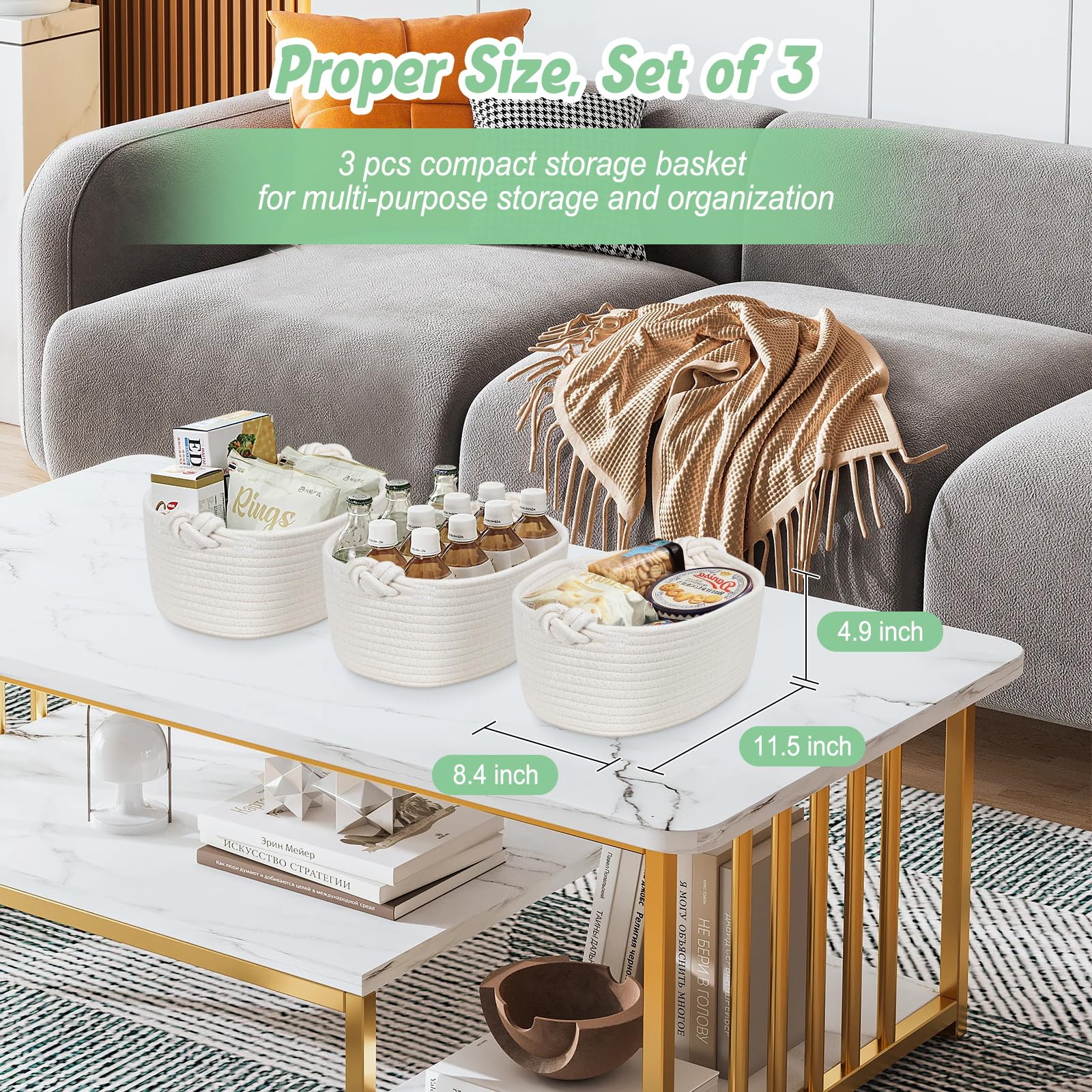 GLCON small rope storage baskets off-white handle close-up for portability