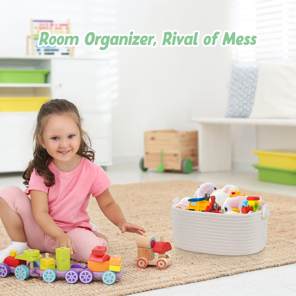 GLCON nursery organization with off-white rope baskets on shelves