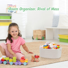 GLCON nursery organization with off-white rope baskets on shelves