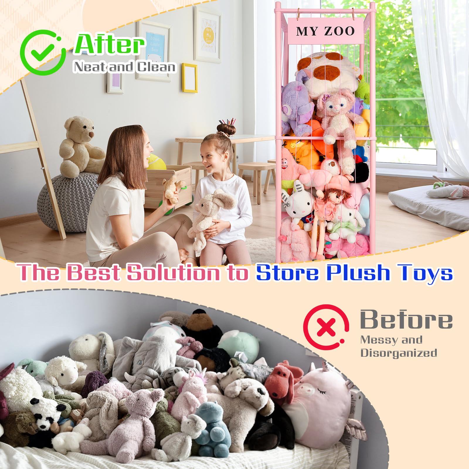 GLDZI Stuffed Animal Storage Zoo pink large elastic cords illustrate plush containment