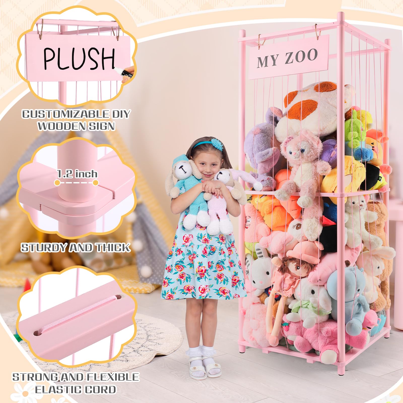 GLDZI Stuffed Animal Storage Zoo pink large organized playroom setup for plush and pillows