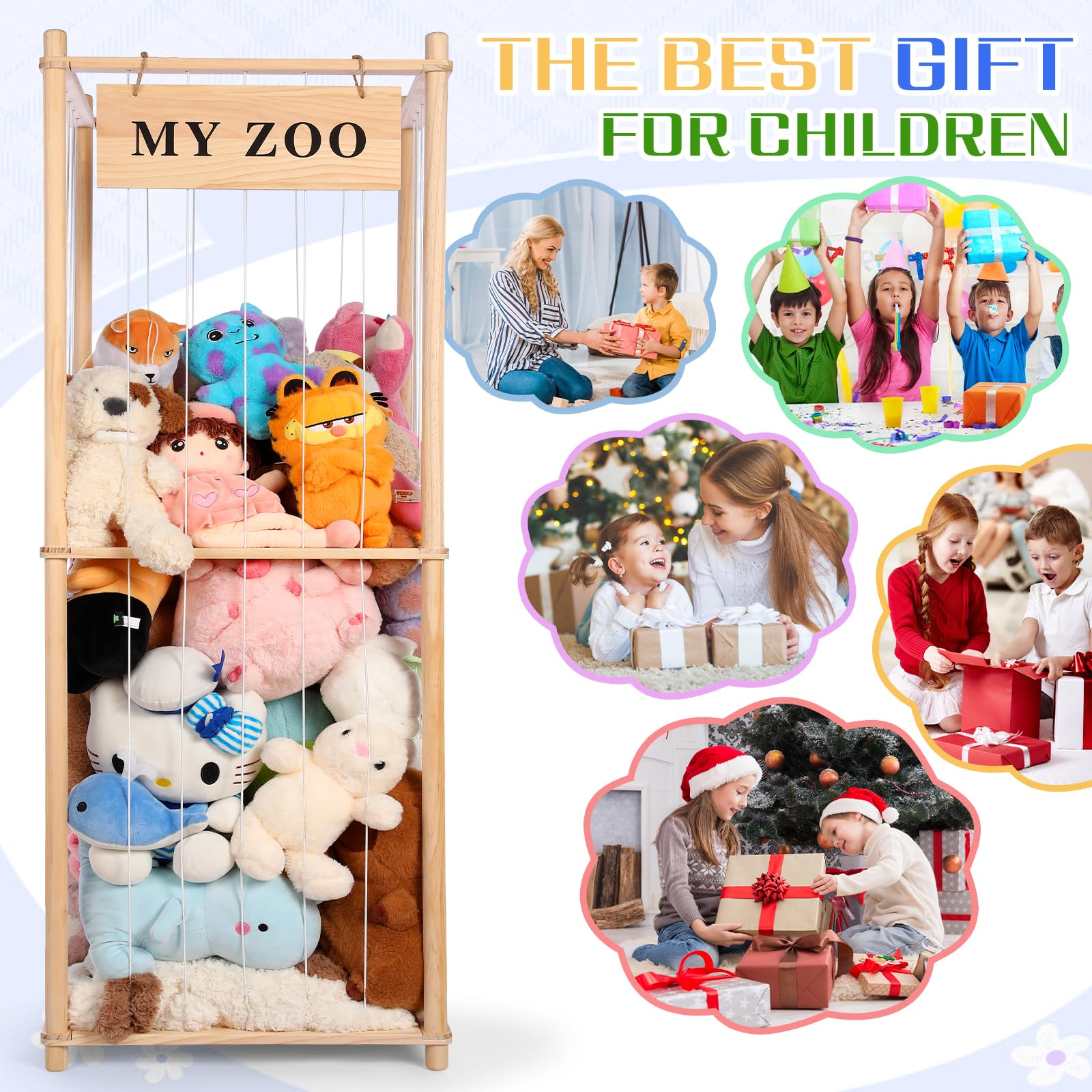 GLDZI Stuffed Animal Storage Zoo wood finish complements modern and rustic decor.