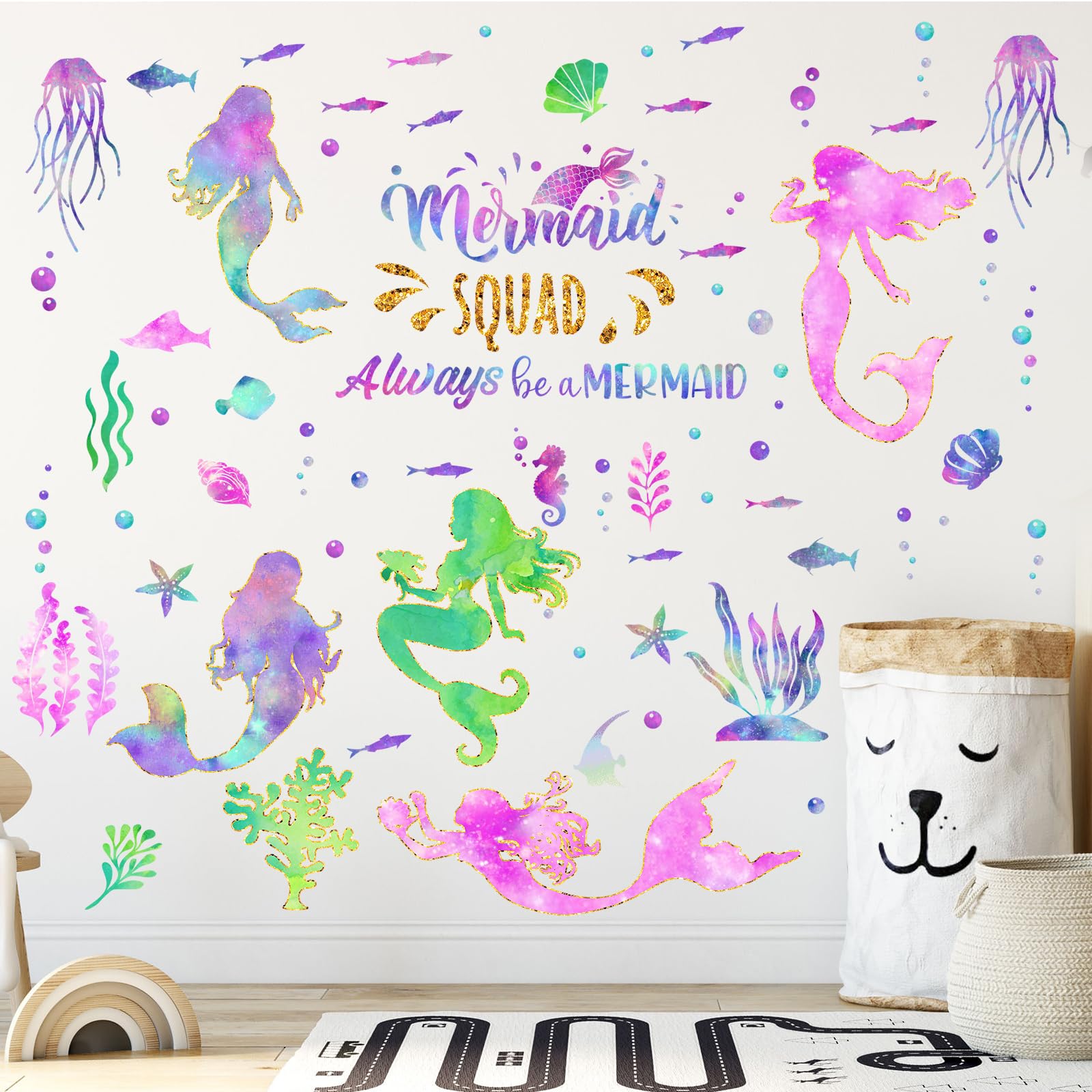Glenmal Mermaid Wall Decal closeup reveals vibrant colors and glitter.