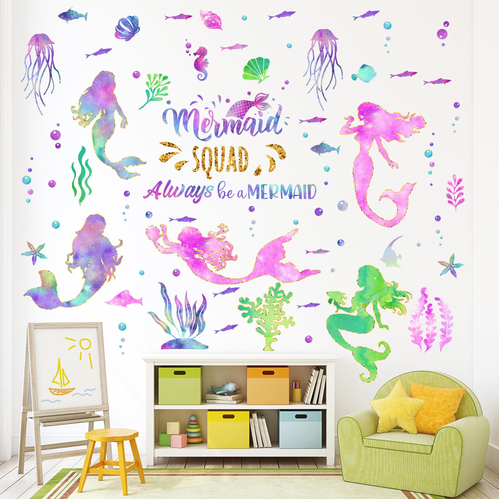 Glenmal Mermaid Wall Decal packaging highlights durable PVC material.